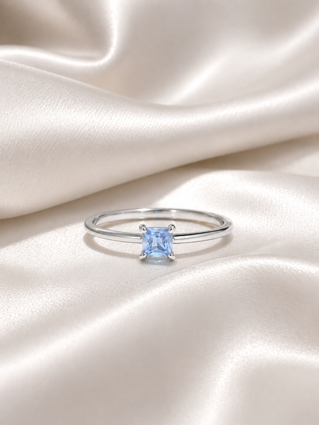 Aqua Blue Square Solitaire Stackable Silver Ring