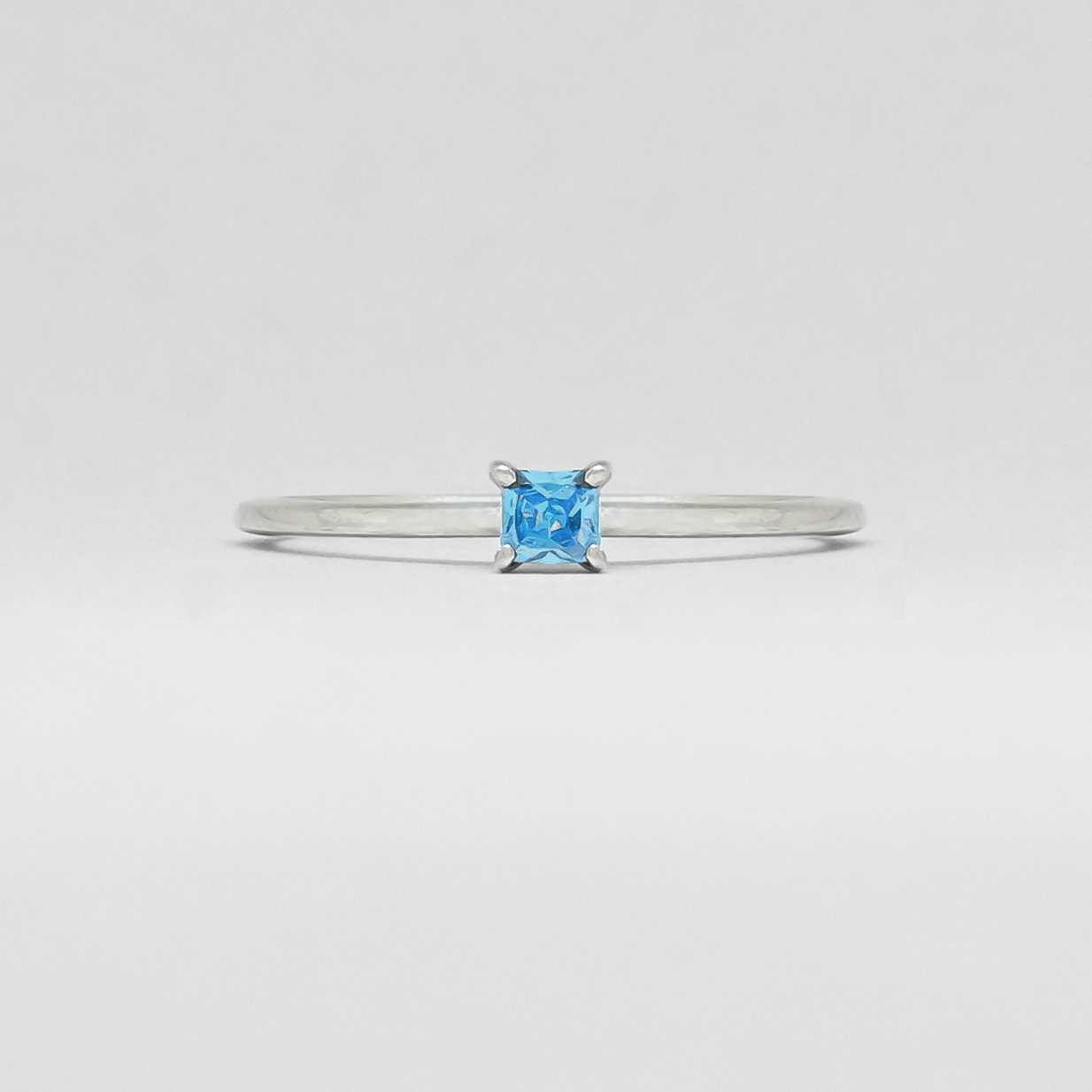 Aqua Blue Square Solitaire Stackable Silver Ring