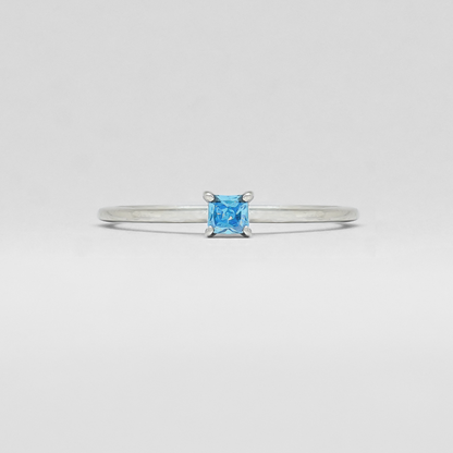 Aqua Blue Square Solitaire Stackable Silver Ring