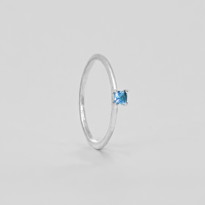 Aqua Blue Square Solitaire Stackable Silver Ring