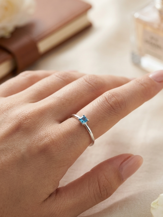 Aqua Blue Square Solitaire Stackable Silver Ring
