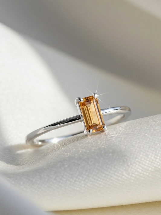 Smoky Baguette Solitaire Stackable Silver Ring