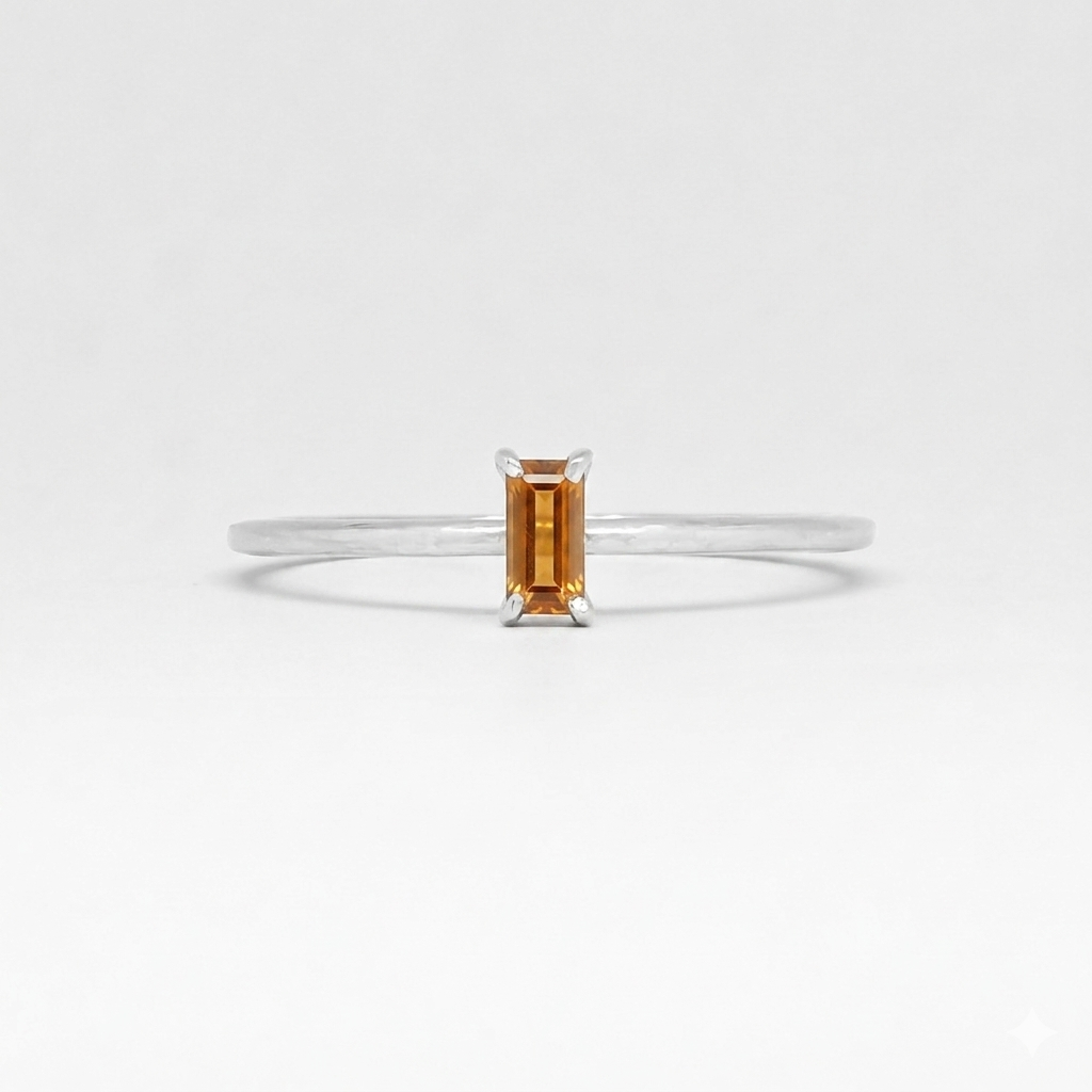 Smoky Baguette Solitaire Stackable Silver Ring