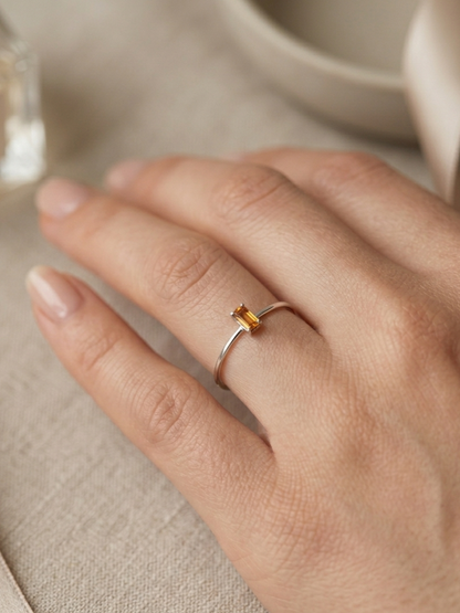 Smoky Baguette Solitaire Stackable Silver Ring