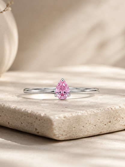 Blush Pink Pear Solitaire Stackable Silver Ring