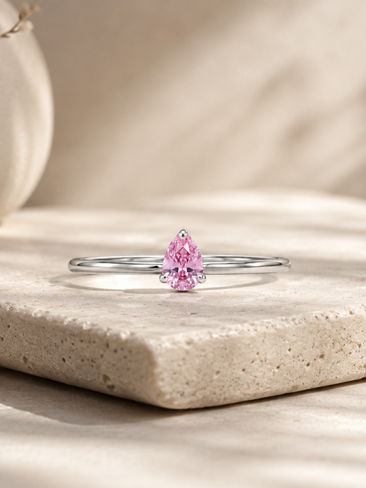 Blush Pink Pear Solitaire Stackable Silver Ring