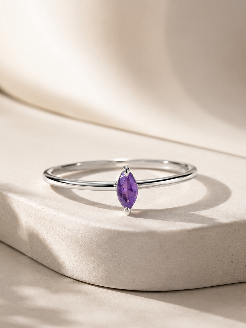 Amethyst Purple Marquise Solitaire Stackable Silver Ring