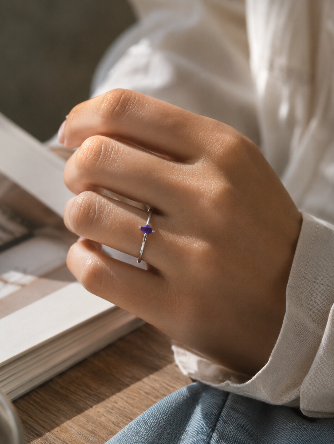 Amethyst Purple Marquise Solitaire Stackable Silver Ring