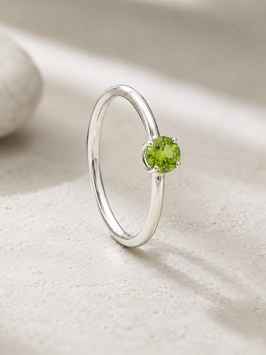 Emerald Green Round Solitaire Stackable Silver Ring