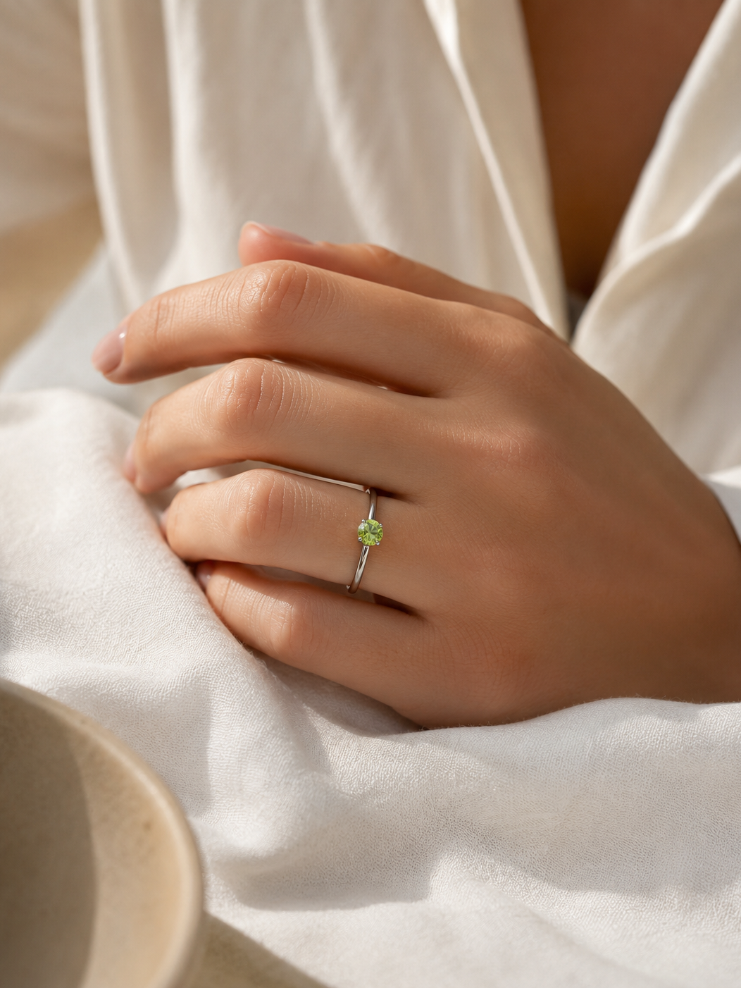 Emerald Green Round Solitaire Stackable Silver Ring